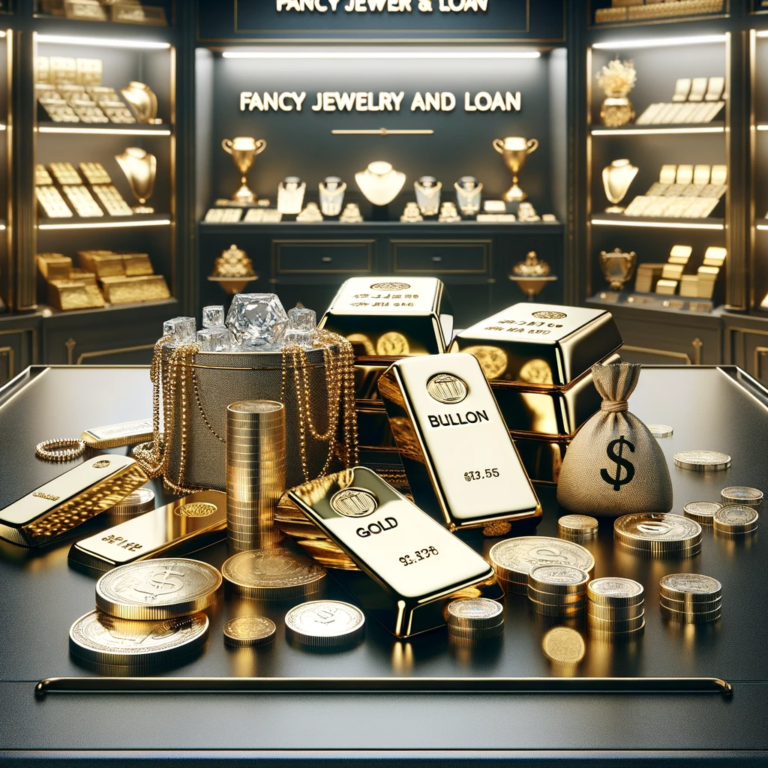 An elegant assortment of gold and silver bullion, including bars, coins, and ingots, displayed at Fancy Jewelry And Loan. The pieces are meticulously arranged, showcasing their shine and fine quality, set against a backdrop that radiates luxury and professionalism in precious metals investment.