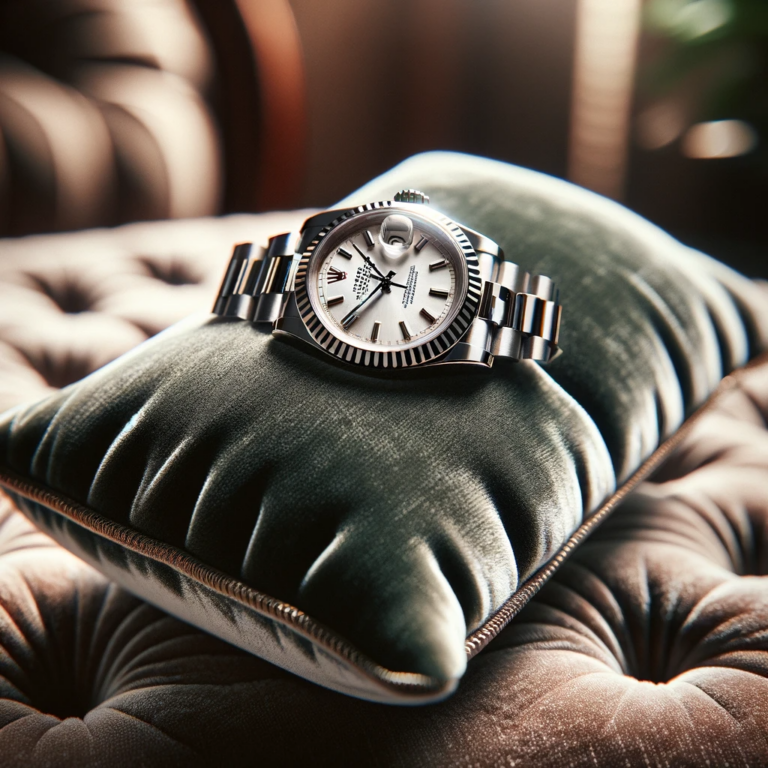 An exquisite Rolex watch elegantly displayed on a plush velvet cushion at Fancy Jewelry And Loan, highlighting its intricate design and luxurious craftsmanship, symbolizing sophistication and timeless style.