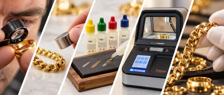 An image collage of a man using a loupe to find a jewelry hallmark, testing a chain with a magnet, testing gold streaks on a touchstone, an item inside an xrf machine, and a picture of gold