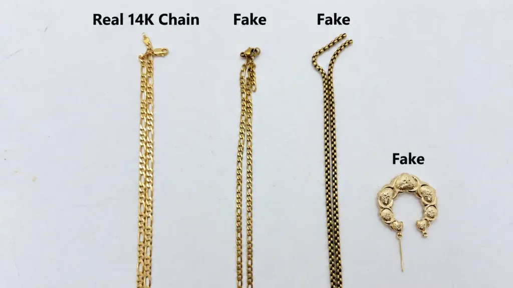 4 Items, on the left, a Real 14k Chain, Then a Fake Chain, Another fake chain, and a fake earring