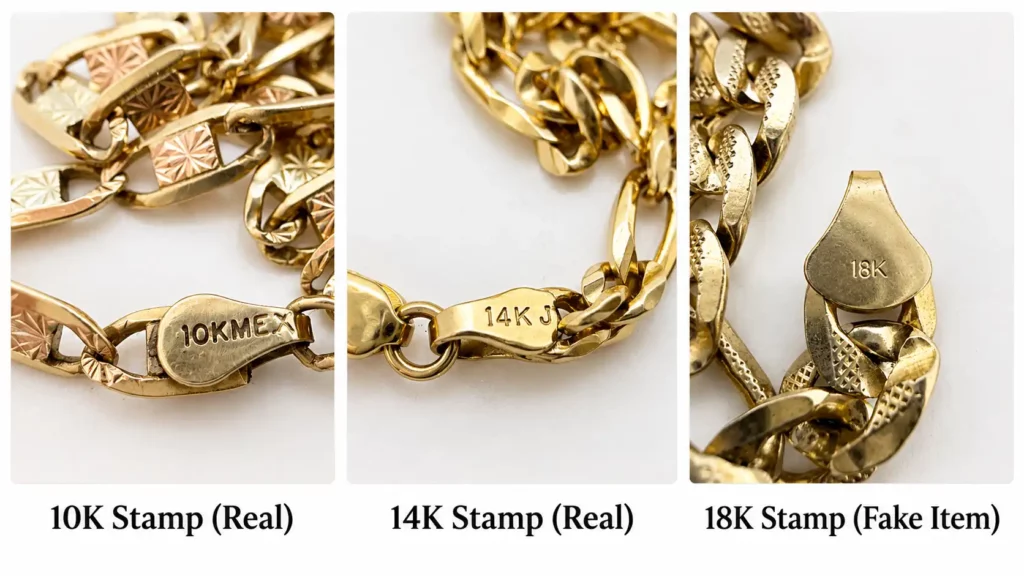 Image collage showing 3 Item stamps. The first image is stamped "10K MEX" and is a real 10k piece, the second one is stamped "14K J" and is a real 14k piece, the third one is stamped "18K" but is fake.