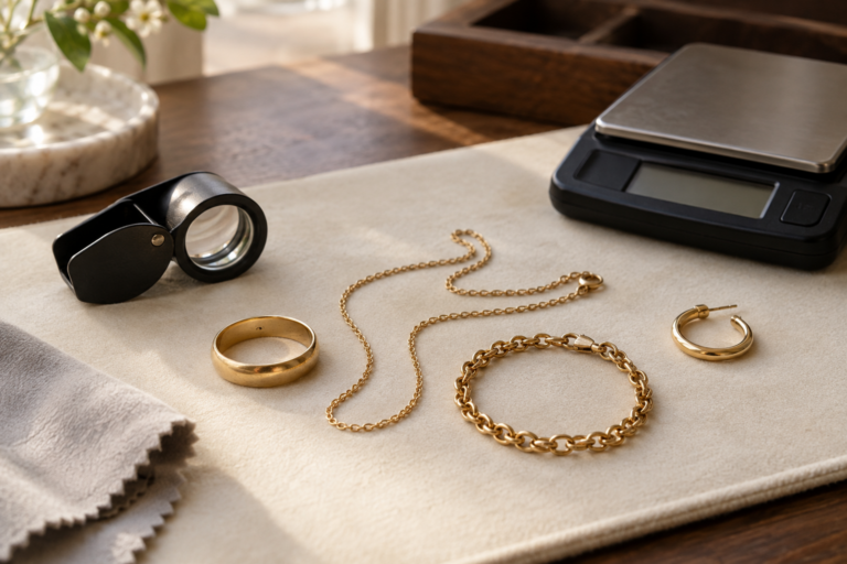 Gold ring, chain, bracelet and single hoop earring beside a jeweler’s loupe and digital scale.
